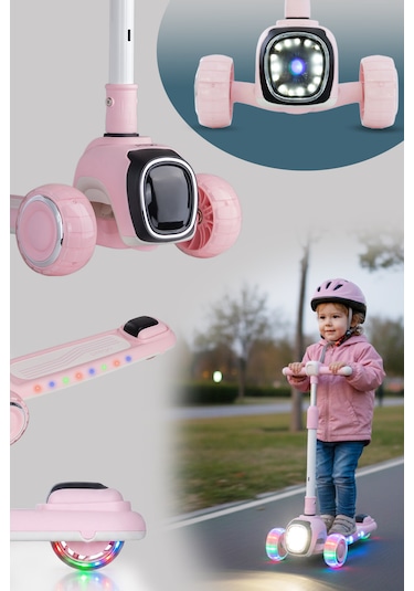 Prego Flow Müzikli Işıklı Oturaklı Çocuk Scooter Katlanabilir - Yükseklik Ayarlı Pembe