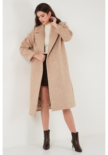 Lela Oversize Fit Mono Yaka Düğmeli Buklet Uzun Kaşe Bayan Kaban 6810236 Bej