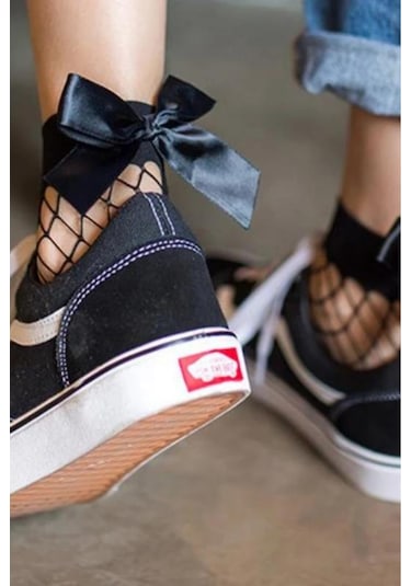 Heleni Kadın File Desenli 3 Çift Fiyonklu Soket Çorap Beyaz - Kırmızı - Siyah