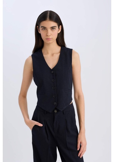 Defacto V Yaka Çizgili Düğmeli Blazer Yelek C2027AX24AUNV91 Lacivert
