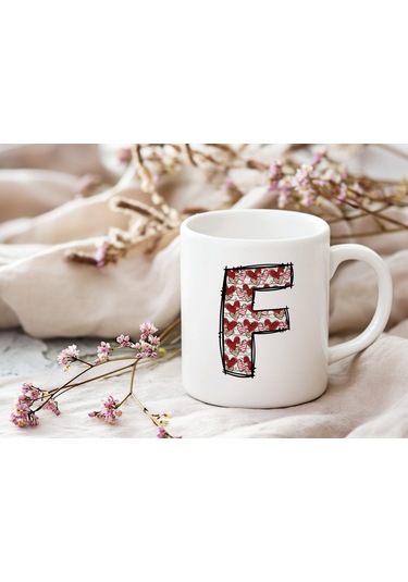 F Harfi Aşk Temalı Kupa - Kalp Desenli Kişiye Özel Romantik Sevgililer Günü Kahve Kupası Beyaz
