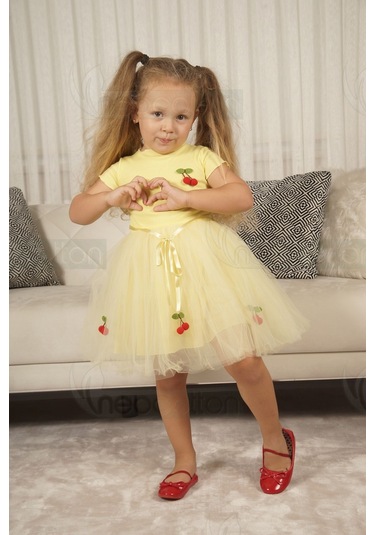 Tüllü Astarlı Esnek Kirazlı Elbise Kısa-sarı Sarı