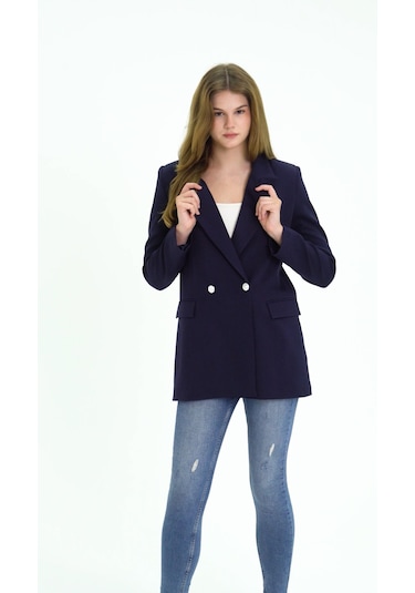 Lacivert Oversize Dokuma Blazer Ceket Lacivert