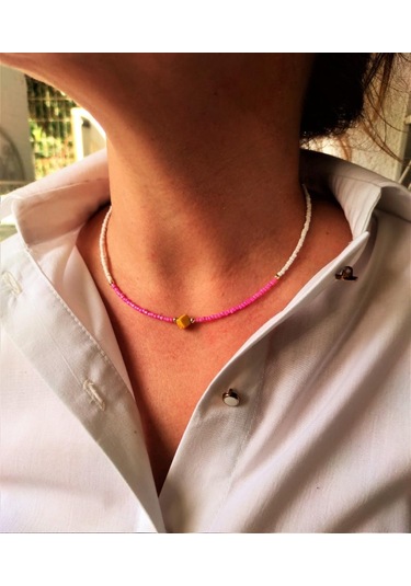 GOLD KAPLAMA ASORTİ DOĞALTAŞ PEMBE BONCUK KOLYE-KOL123 Bakır