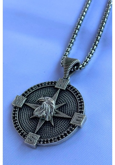 Kartal Pusula El İşçiliği Paslanmaz Çelik Zincir Erkek Kolye Gümüş