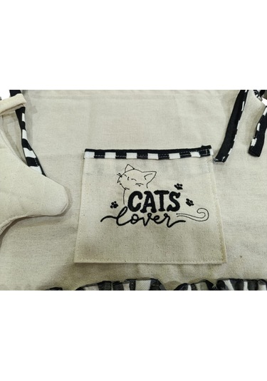 Kedi Lover Nakışlı, Fırfırlı, Buldan Keten Fırın Önlüğü Örtüsü