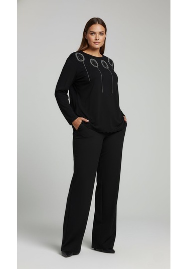 Taş Desenli Uzun Kollu Bambu Viskon Kumaş Bluz Siyah