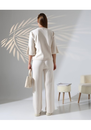 İnci Volanlı Kol Detaylı Triko Takım Taş