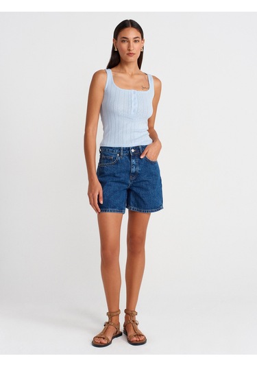 Dilvin 21069 Düğmeli Kare Yaka Top-açık Mavi Açık Mavi