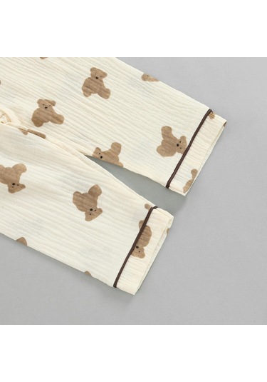 Çocuklar Unisex Günlük Pijama Takımı, Ayı Baskılı Uzun Kollu Ön Cep Yaka Üstleri + Baskılı Uzun Pantolon