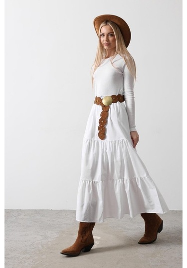 Pamuklu Beli Lastikli Etek - Beyaz Beyaz