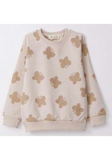 Kız Çocuk Kelebek Baskılı Pamuklu Eşofman Takım-14587 Bej