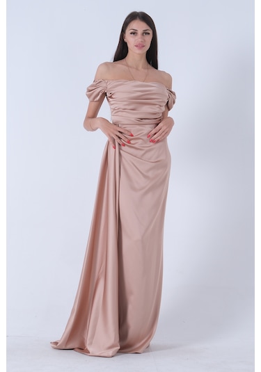 Feminist Bej Drape Detaylı Saten Kumaş Abiye Elbise 9704858.55