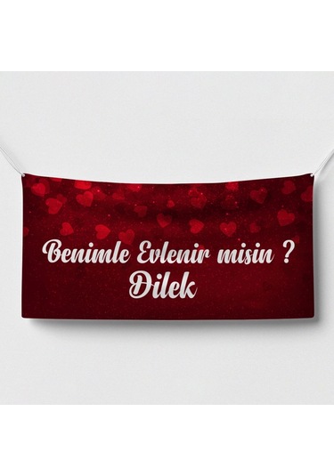 Kırmızı Kalp Temalı Benimle Evlenir Misin Afişi 200x100 Cm