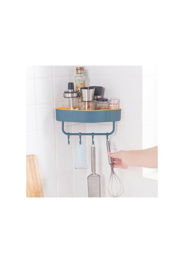 Vkemall Mutfak/banyo Üçgen Duvar Rakusu - Deliksiz Montaj, Su Akışlı Tasarım, 4 Katlanabilir Kanca, Mavi 22.5x11 Cm Koyu Mavi