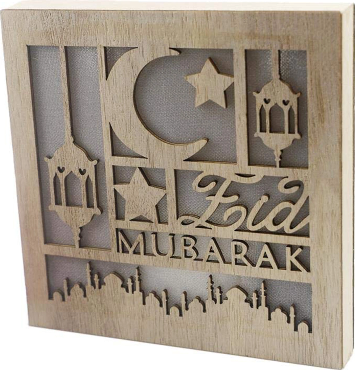 Fosenze Muslim Ayın Üzerinde Yıldız Ve Mimarisi İle "eid Mubarak" Yazılı Ahşap Ev Dekorasyonu Led Işıklı - Jm01935 Siyah