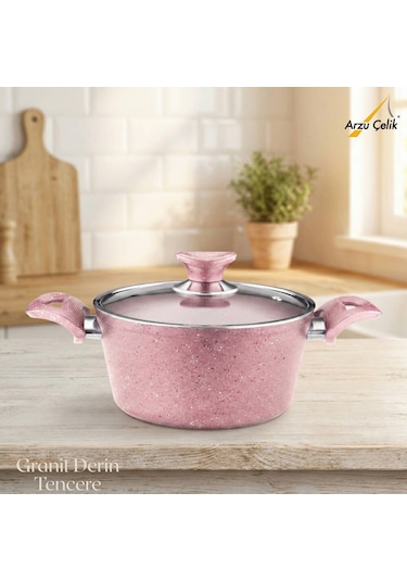 24 Cm Granit Derin Tencere Cam Kapak - Pembe Pembe