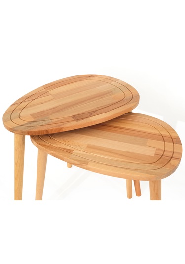 Sweet Naturel Renk Masif Doğal Ahşap Yan Sehpa 2'li Zigon Sehpa