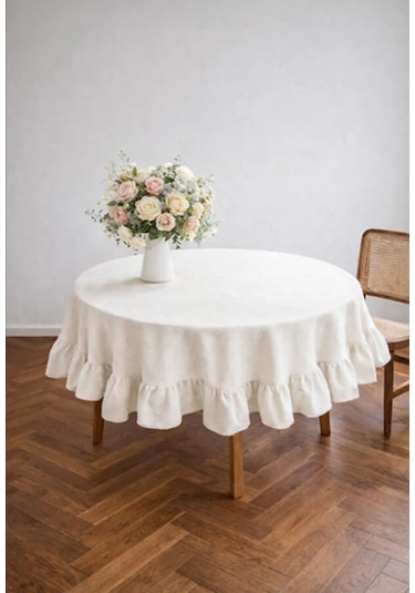 Fırfırlı Natürel Ham Keten Yuvarlak Masa Örtüsü 140x140 Cm Bej