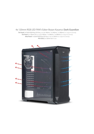 Dark Guardian 4X12Cm Dual Rgb Fan Usb3.0 T-Glass Atx Oyuncu Kasas