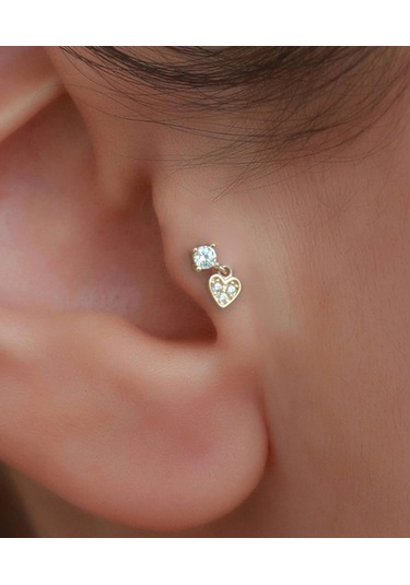 14 Ayar Altın Taşlı Kalp Sallantılı Tragus Piercing Sarı