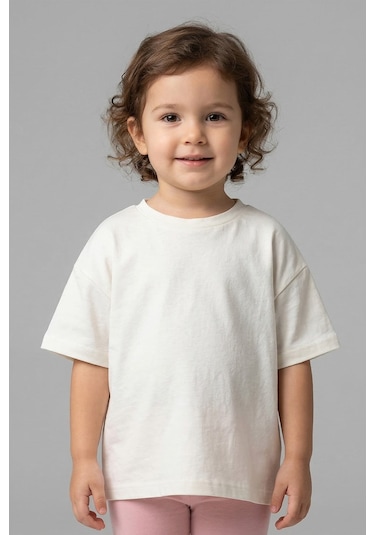 Luess Unisex Çocuk Pamuklu Bisiklet Yaka Basic Tişört 3 Yaş - 7 Yaş Ekru
