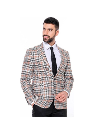 Wessi Ekose Desenli Slim Fit Turuncu Siyah Erkek Ceket - Wessi Turuncu