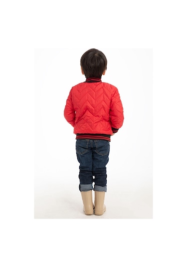 Erkek Çocuk Kolej Yaka Astarlı Su Ve Rüzgar Geçirmez Fermuarlı Mont Ceket Kırmızı