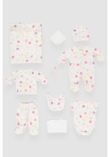 Baskılı Tavşan Desenli 10 Parça Kutulu Hastane Çıkışı Seti Ekru