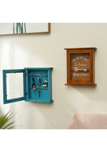 Reedark Gömlek Ahşap Anahtar Saklama Kutusu - Kuzey Avrupa Stili, Cam Kapaklı, Duvar Tipi Organizer Mavi, Çivi Hariç