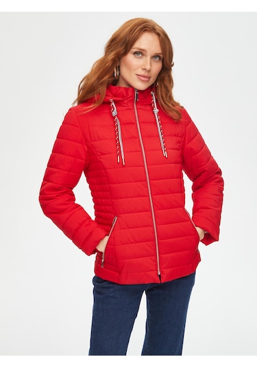 İçi Slogan Baskı Detaylı Renkli Kordonlu Kapitone Mont 69436 U6943641 Kırmızı