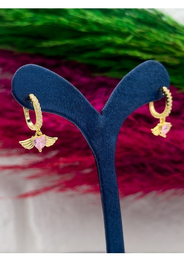 925 Ayar Gümüş Gold Renk Kalpli Pembe Kuvars Taşlı Melek Kanadı Modeli Lüks Kadın Küpe Gümüş