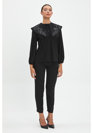 Parıltılı İşlemeli Zarif Yaka Tasarımlı, Balon Kollu Şık Bluz - Özel Günler Ve Günlük Kullanım İçin İdeal Siyah