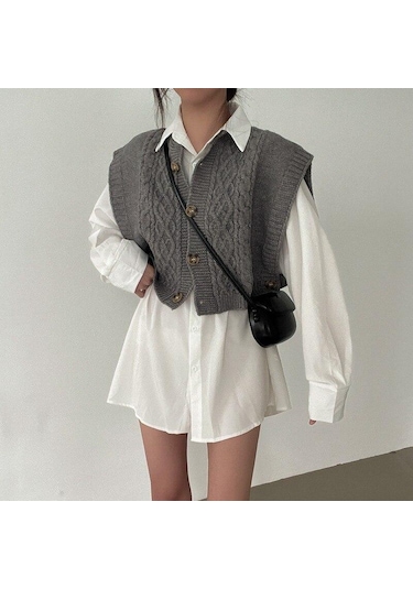 Gri Kore Şık Vintage Büküm Kolsuz Kazak Yelek Kadın Sonbahar Kış Örme Yelek Yelekler Kadın Düğme O Boyun Triko 29143 Gri