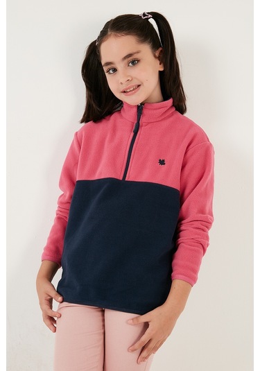 Lela Yumuşak Dokulu Yarım Fermuarlı Renk Bloklu Dik Yaka Unisex Çocuk Polar 5905004 Fuşya-Lacivert