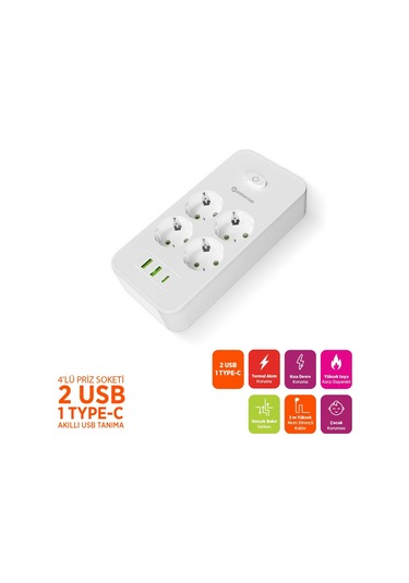 Polosmart Mp25 Akım Korumalı Uzatma Kablosu 4'lü Priz 2 Usb Type-c Pd 20w 2 Metre Beyaz 2 M