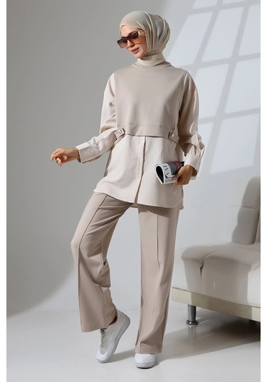 Kadın Taş Rengi Mevsimlik Penye Alt Üst Spor Ve Rahat Tesettür Takım Taş Rengi