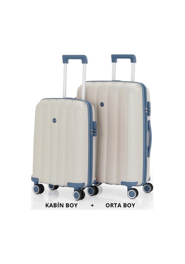 Mçs Bavul Orta Ve Kabin 2li Set Kırılmaz Silikon Valiz V305 Kemik/skyblue Kemik
