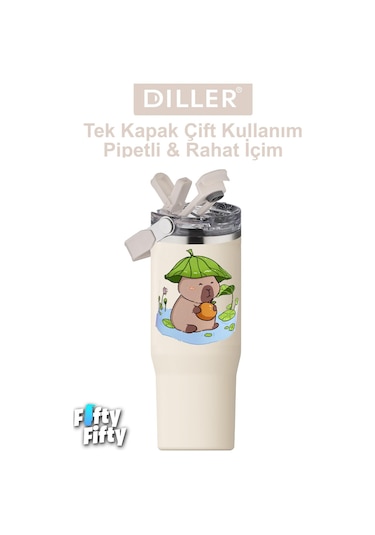 Dıller Tumbler 950 Ml Tek Kapak Çift Kullanım Pipetli/pipetsiz Taşıma Kulplu Çelik Termos-ffdıllerd9358 Çok Renkli