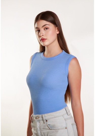 Kadın Bebe Mavisi Fitilli Likralı Sıfır Kol Bisiklet Yaka Örme Atlet Tshirt Bluz Bebe Mavi