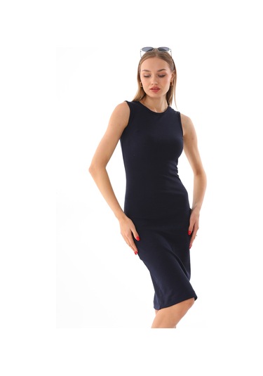 Lacivert Kolsuz Diz Altı Fitilli Esnek Kalem Elbise Lacivert