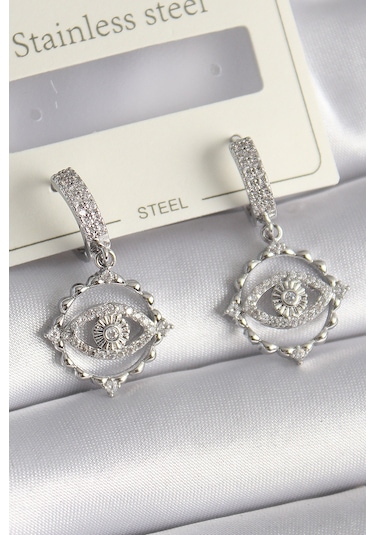 Pirinç Gümüş Renk Zirkon Taşlı Göz Model Kadın Küpe Çok Renkli