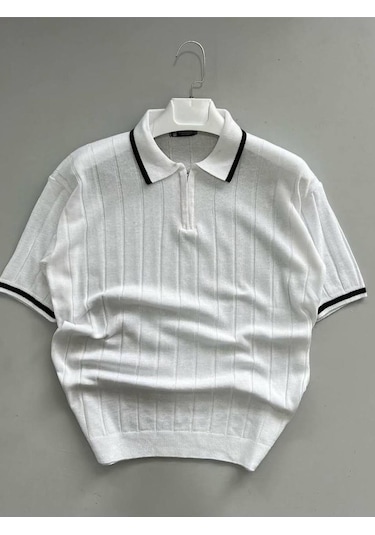 Fermuarlı Polo Yaka Kısa Kollu Triko T-shirt Beyaz