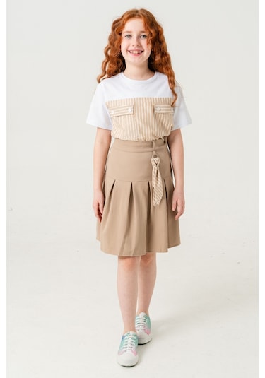 Kız Çocuk Pileli Keten Etek 2957 Bej