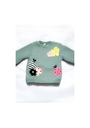 Kız Çocuk Çiçek Desenli İçi Şardonlu Kadife Taytlı Takım-14515 Yeşil