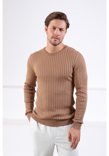 Ferraro Camel Bisiklet Yaka Fitilli Erkek Kazak Camel