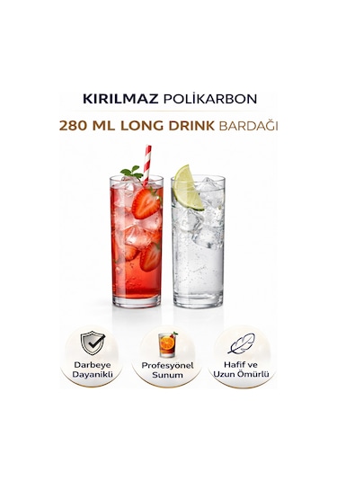 Polikarbon Kırılmaz 280 Ml Long Drink Bardağı Cam Görünümlü Şık Tasarım Şeffaf