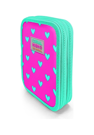 Coral High Kids Neon Pembe Su Yeşili Kalp Desenli Çift Katlı Kalem Çanta 11133 Pembe