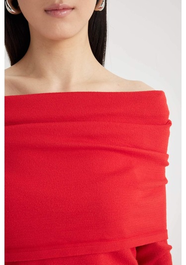 DeFacto Fitted Açık Omuz Triko Kırmızı Kazak D0049AX24SPRD227 Kırmızı
