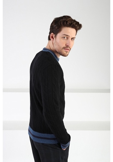 Ferraro Siyah/Indigo Bisiklet Yaka %100 Kuzu Yünü Erkek Kazak Siyah Indigo İndigo - Siyah